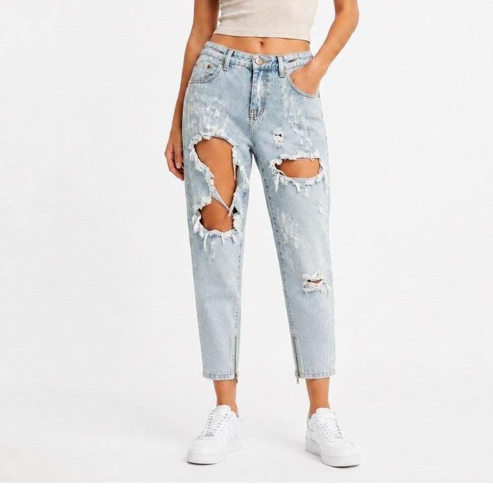 ONE‎ Teaspoon Trashed Free Birds Jeans Women's 27 Light Wash Ankle Zip Denim